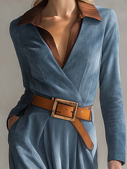 Elegant Retro Western Shirt Collar Blue Faux Suede Maxi Dress