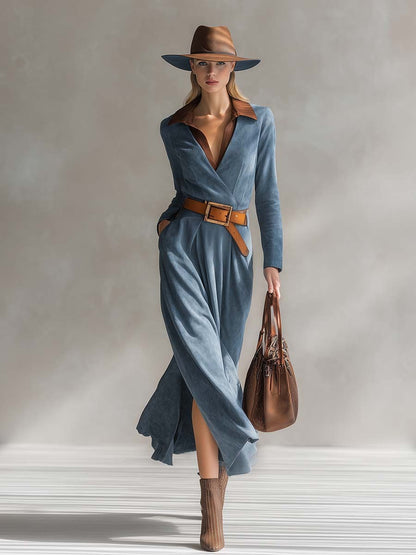 Elegant Retro Western Shirt Collar Blue Faux Suede Maxi Dress