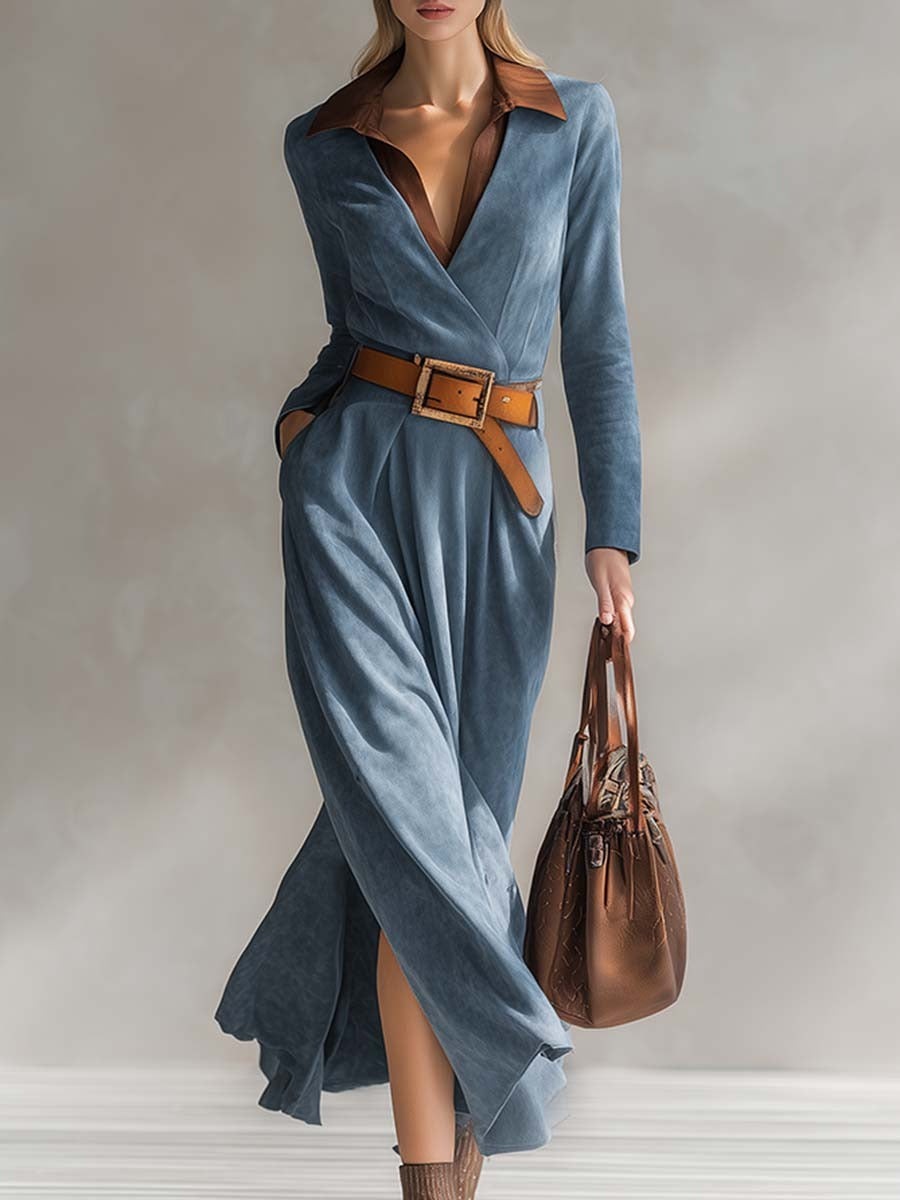 Elegant Retro Western Shirt Collar Blue Faux Suede Maxi Dress