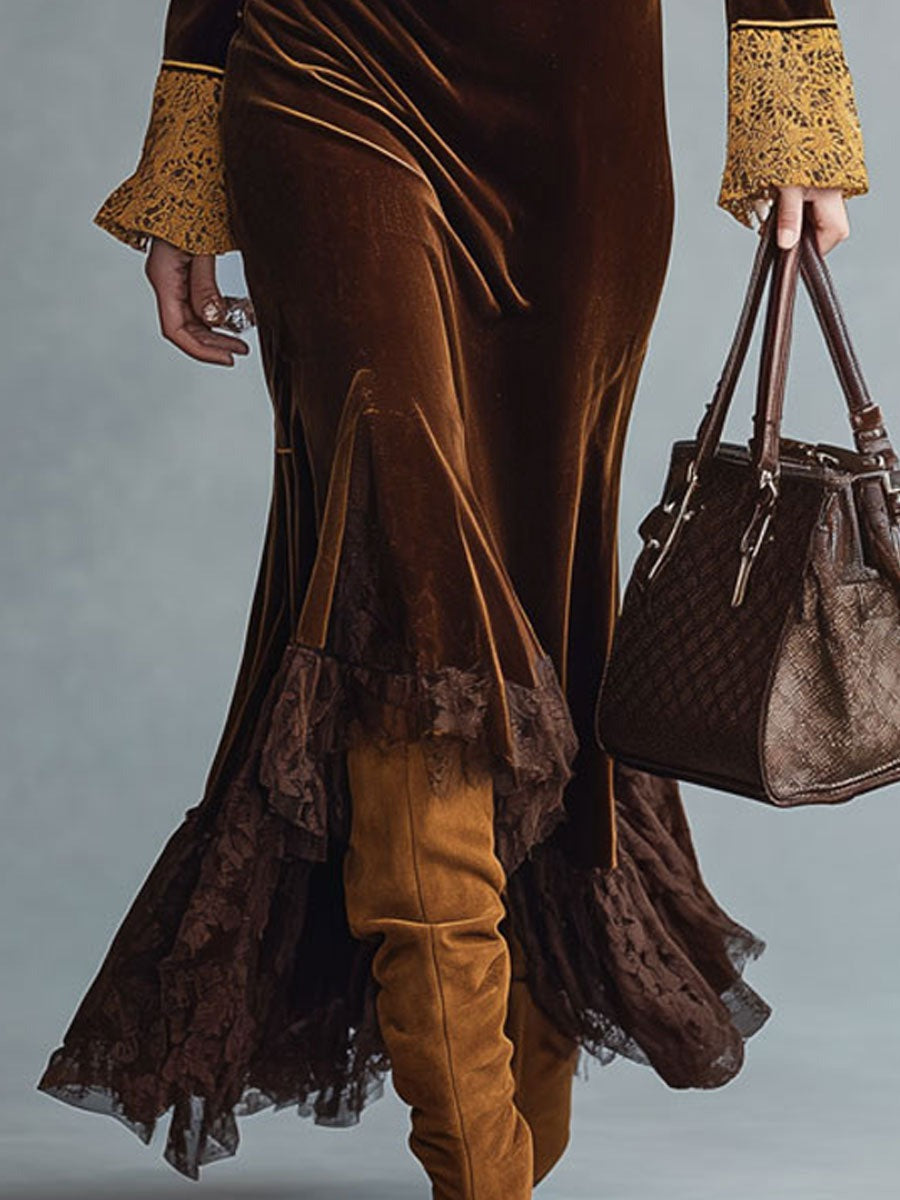 Fashion Retro Lace Half-zip Cocoa Brown Velvet Fishtail Maxi Dress