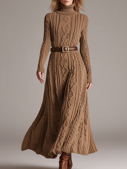 Vintage Turtleneck Long Sleeve Cable Knit Maxi Dress