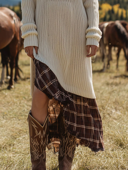 Western Retro Plaid Patchwork Cream And White Knitted Maxi Dress