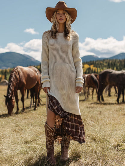 Western Retro Plaid Patchwork Cream And White Knitted Maxi Dress