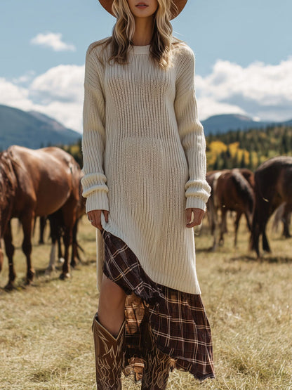 Western Retro Plaid Patchwork Cream And White Knitted Maxi Dress