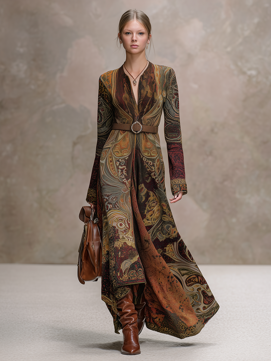 Retro Western-style Printed Long-sleeved Maxi Dress