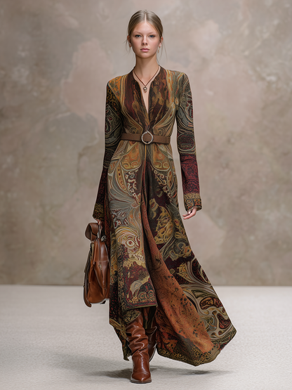 Retro Western-style Printed Long-sleeved Maxi Dress
