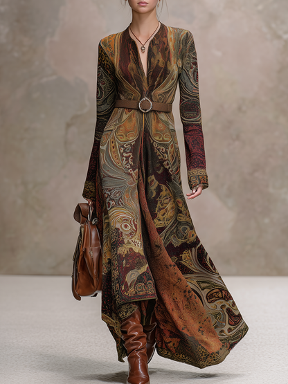 Retro Western-style Printed Long-sleeved Maxi Dress
