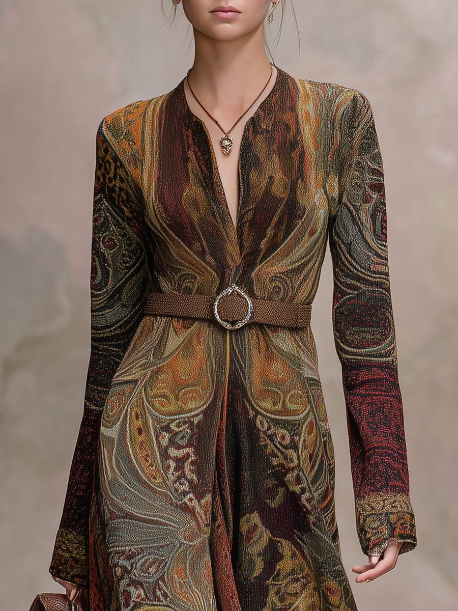 Elegant Western Style Retro Print Lapel Long Sleeve Maxi Dress