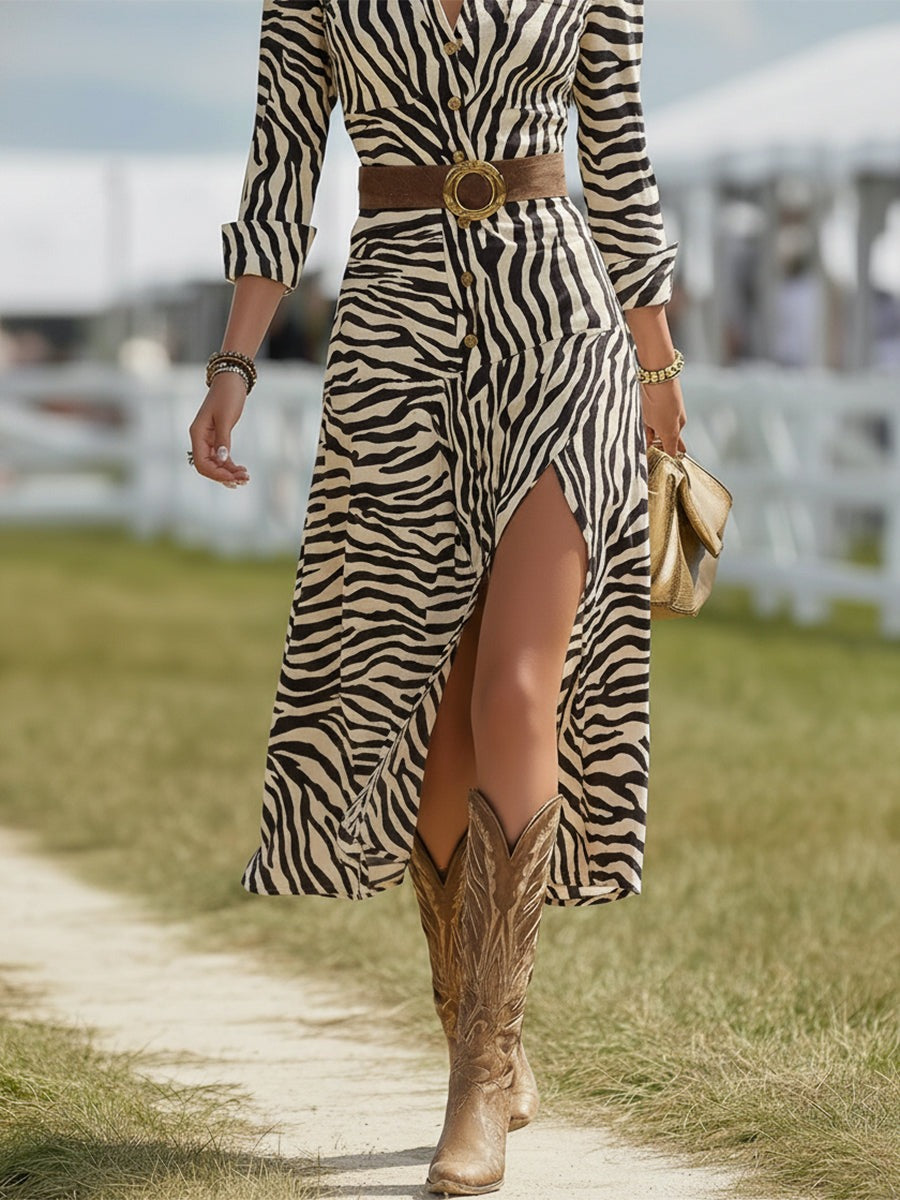Retro Western Zebra Print Faux Suede Slit Midi Dress