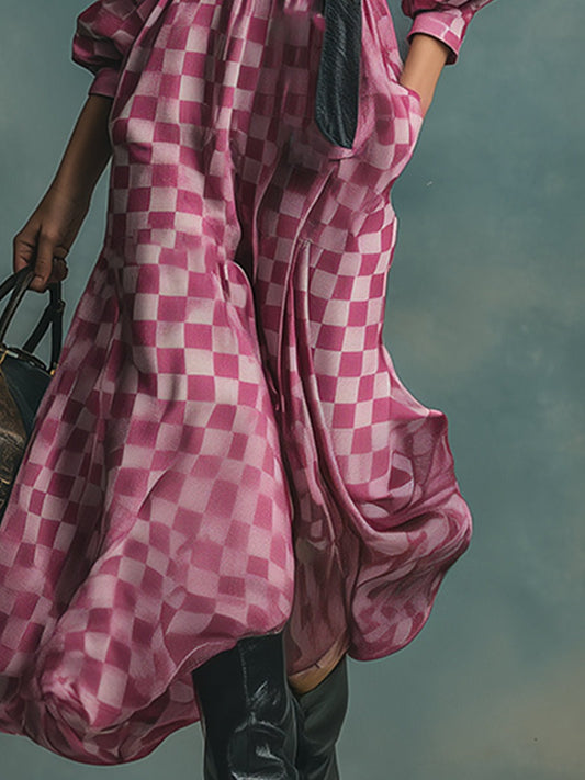 Fashionable Urban Pink Plaid Print Hooded Velvet Maxi Dress