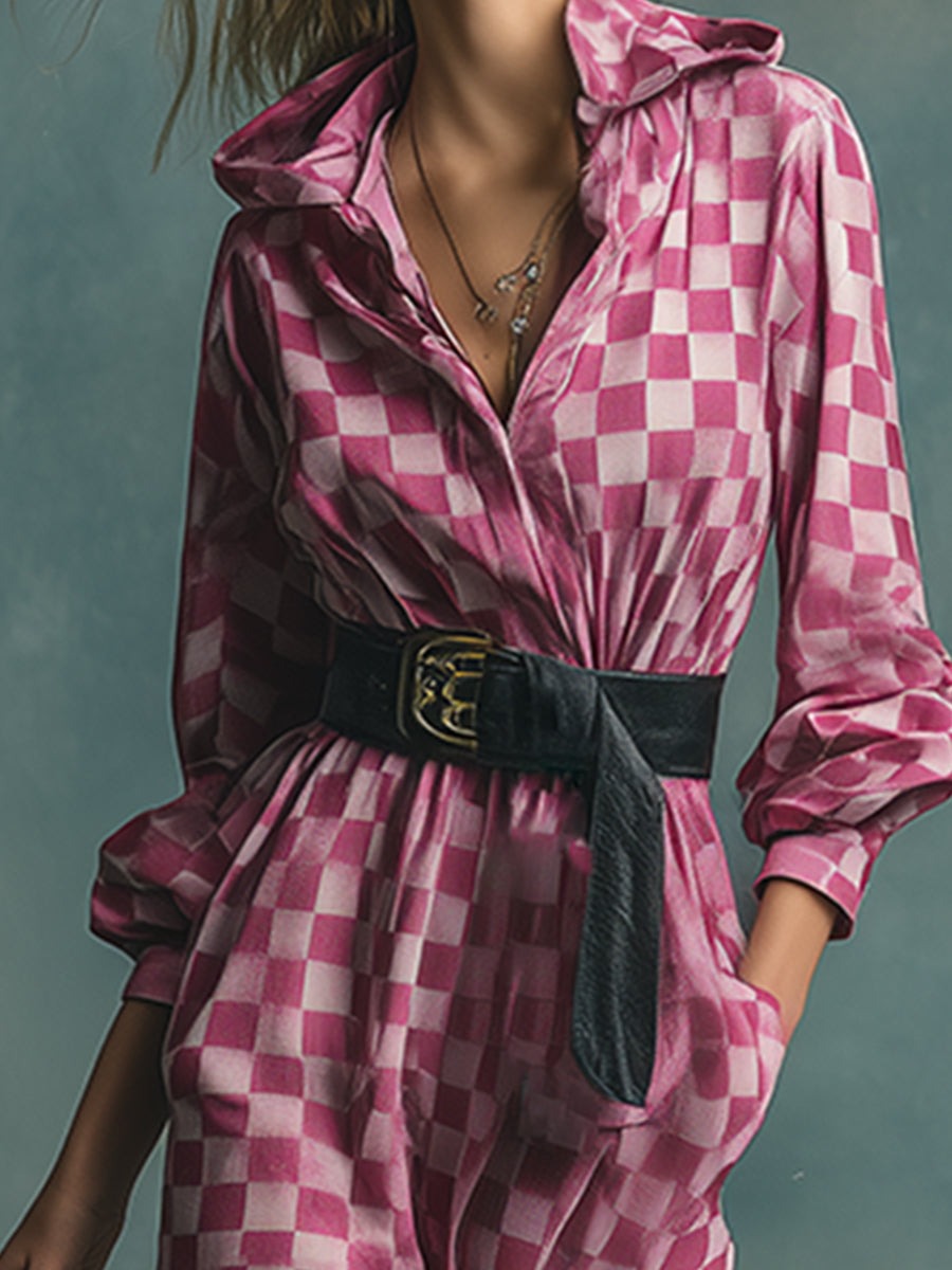 Fashionable Urban Pink Plaid Print Hooded Velvet Maxi Dress