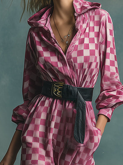 Fashionable Urban Pink Plaid Print Hooded Velvet Maxi Dress