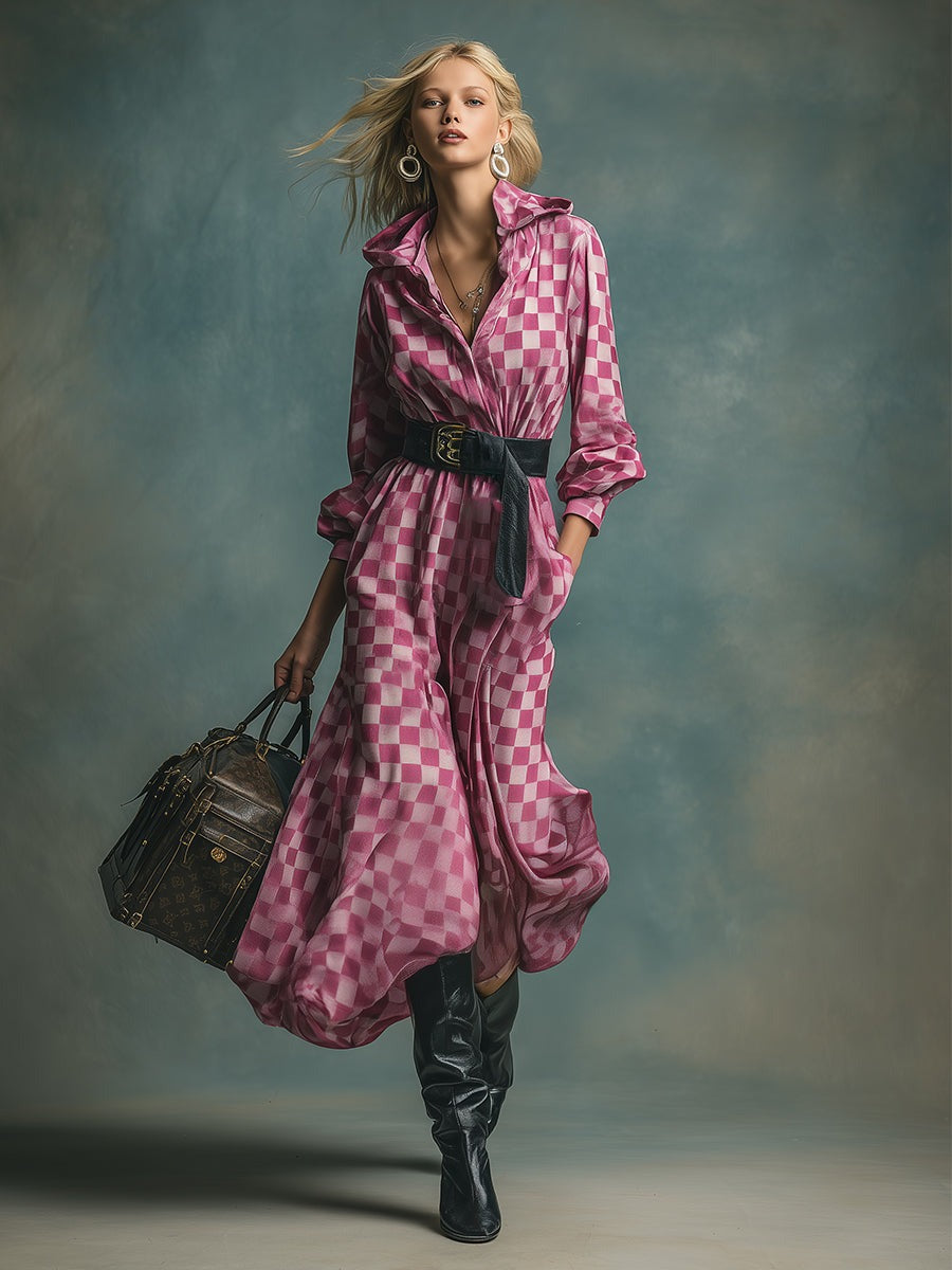 Fashionable Urban Pink Plaid Print Hooded Velvet Maxi Dress