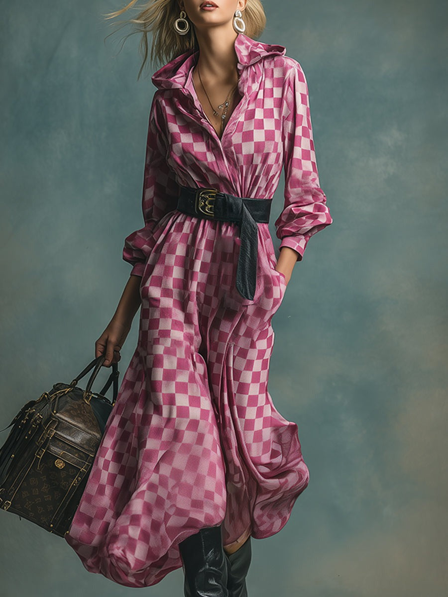 Fashionable Urban Pink Plaid Print Hooded Velvet Maxi Dress