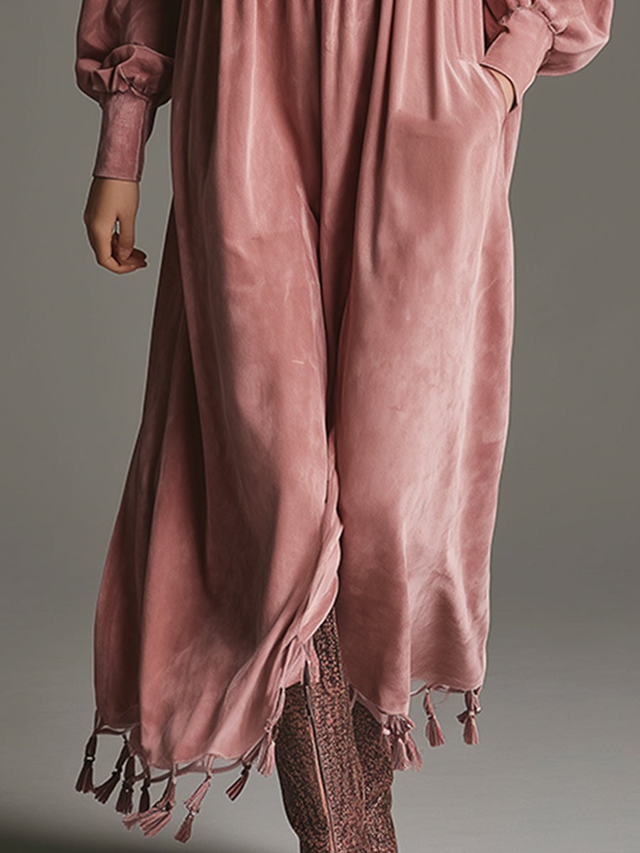 Retro Elegant Exquisite Embroidered Stand Collar Half Zip Pink Faux Suede Tassel Maxi Dress