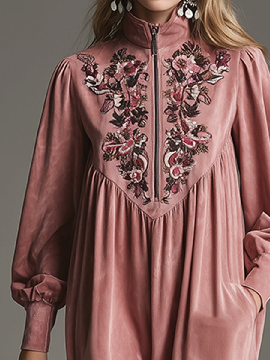 Retro Elegant Exquisite Embroidered Stand Collar Half Zip Pink Faux Suede Tassel Maxi Dress