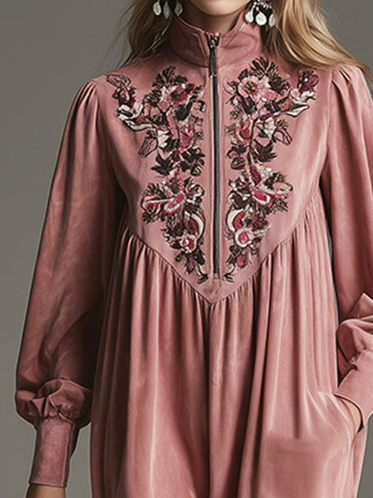 Retro Elegant Exquisite Embroidered Stand Collar Half Zip Pink Faux Suede Tassel Maxi Dress