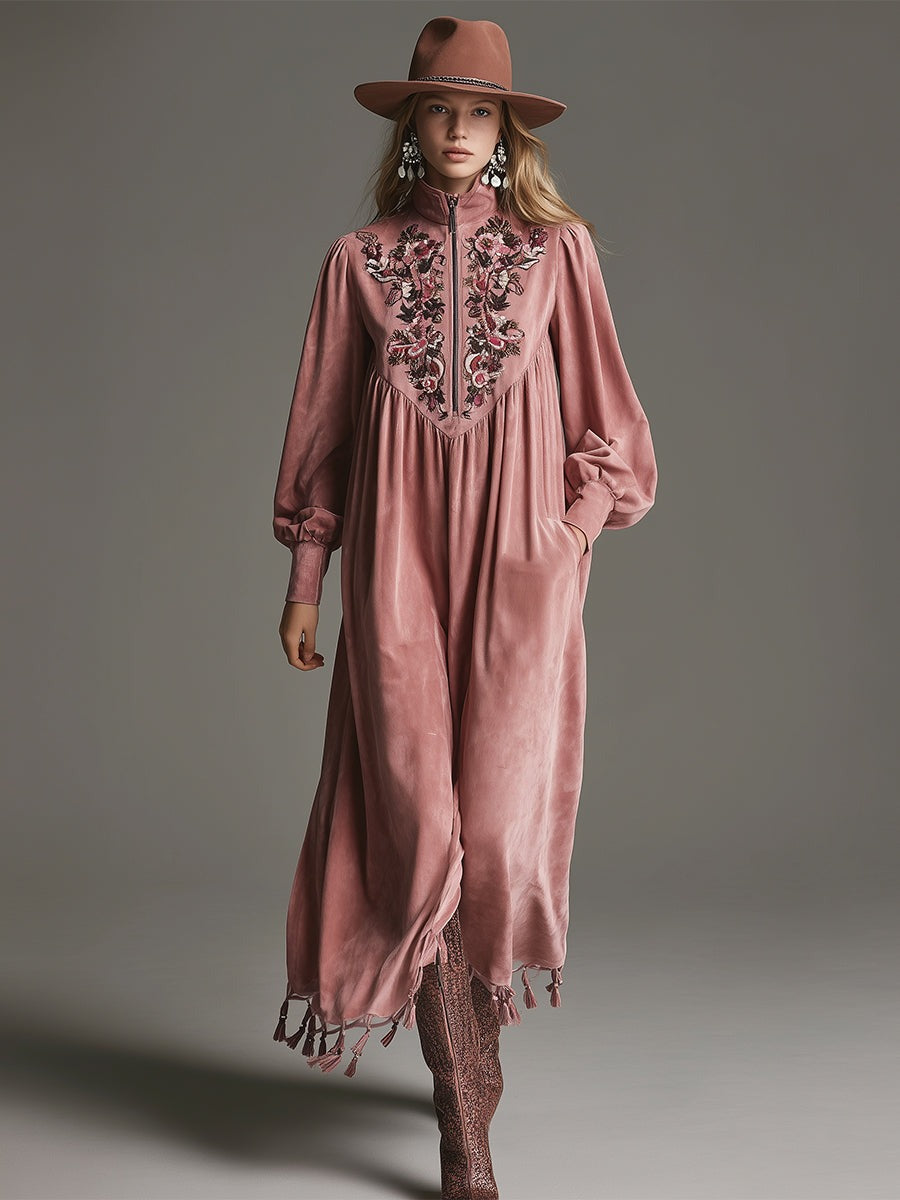 Retro Elegant Exquisite Embroidered Stand Collar Half Zip Pink Faux Suede Tassel Maxi Dress