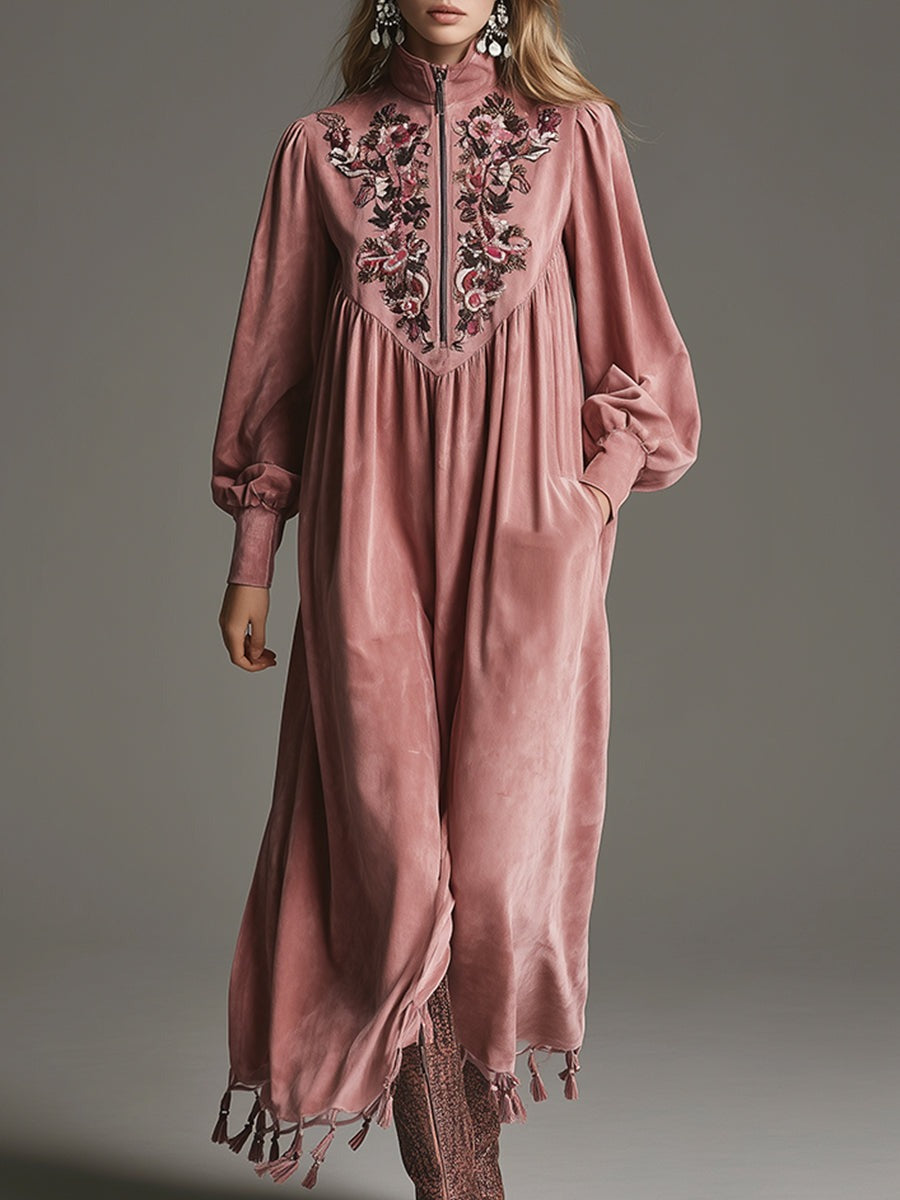 Retro Elegant Exquisite Embroidered Stand Collar Half Zip Pink Faux Suede Tassel Maxi Dress