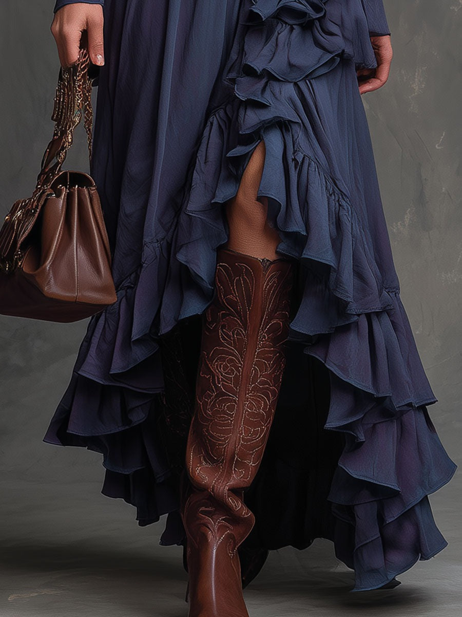 Fashion Retro Blue Ruffled Long Skirt