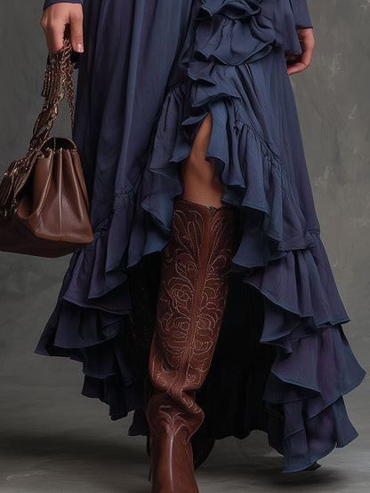 Fashion Retro Blue Ruffled Long Skirt