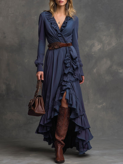 Fashion Retro Blue Ruffled Long Skirt