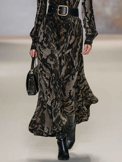 Fashionable And Sexy Snake Print Stand Collar Long Sleeve Velvet Maxi Dress