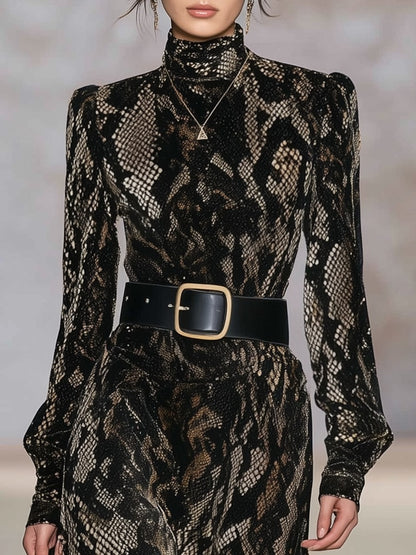 Fashionable And Sexy Snake Print Stand Collar Long Sleeve Velvet Maxi Dress