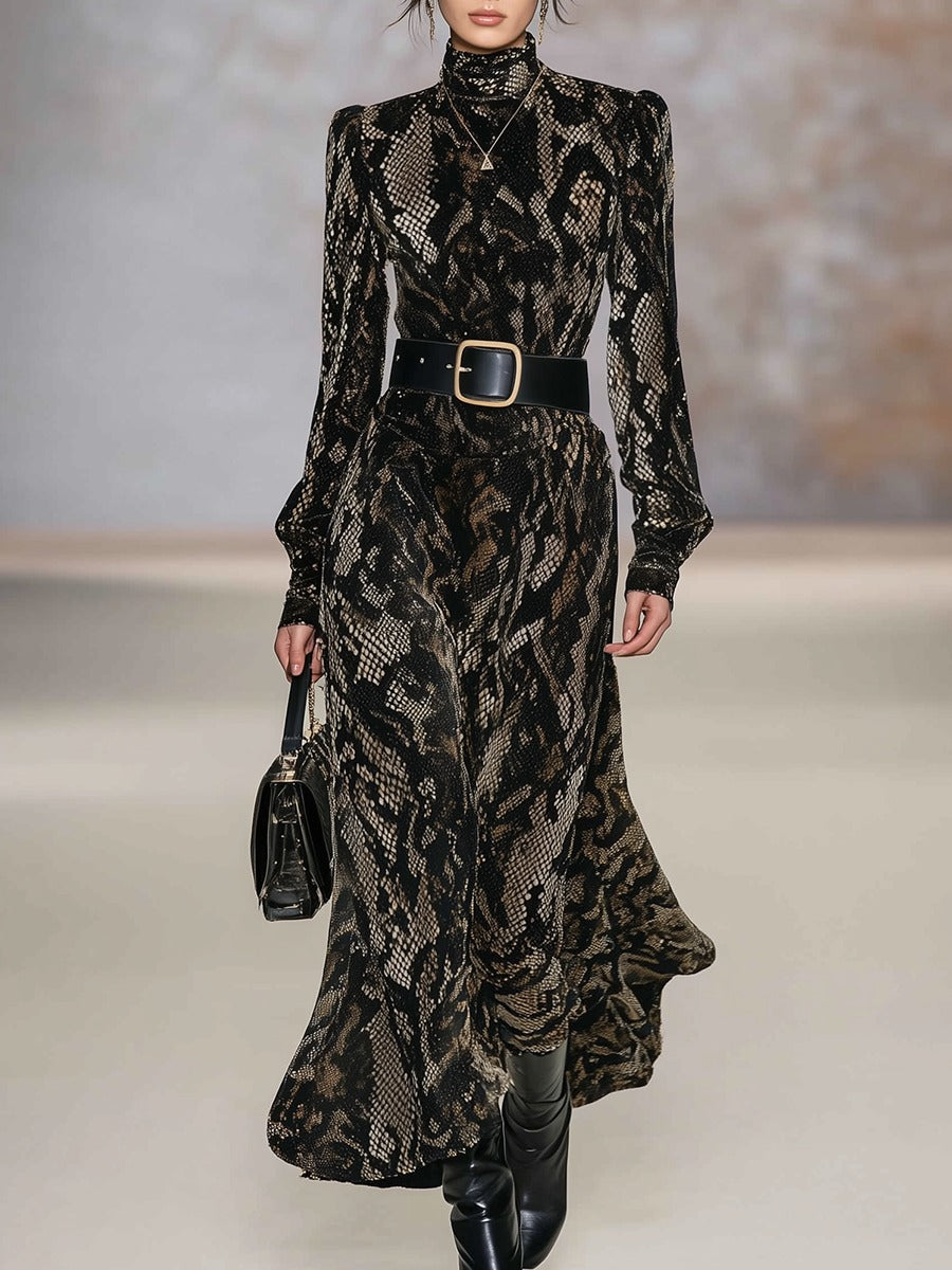 Fashionable And Sexy Snake Print Stand Collar Long Sleeve Velvet Maxi Dress