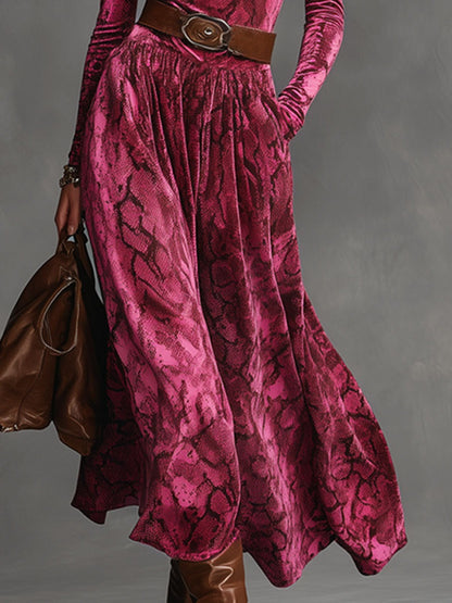 Fashion Retro Lace-up High-neck Snake-print Rose-red Velvet Maxi Dress
