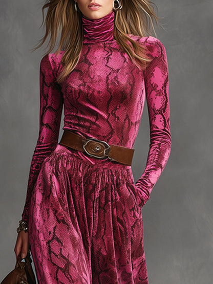 Fashion Retro Lace-up High-neck Snake-print Rose-red Velvet Maxi Dress