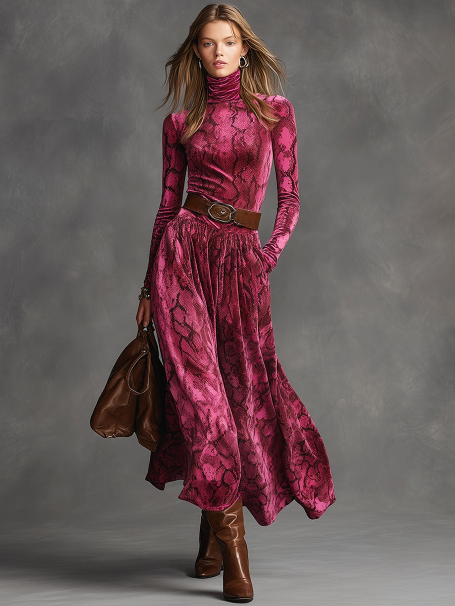 Fashion Retro Lace-up High-neck Snake-print Rose-red Velvet Maxi Dress