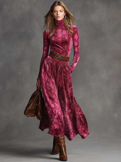 Fashion Retro Lace-up High-neck Snake-print Rose-red Velvet Maxi Dress