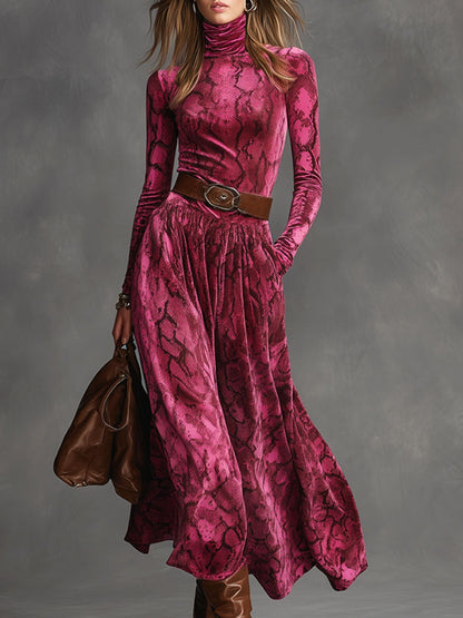 Fashion Retro Lace-up High-neck Snake-print Rose-red Velvet Maxi Dress