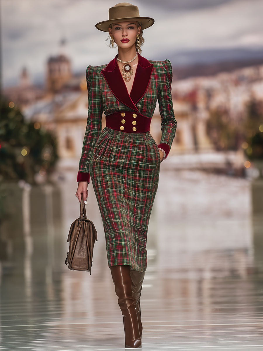 Retro Classic Plaid Print Waist Velvet Midi Dress