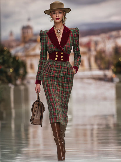 Retro Classic Plaid Print Waist Velvet Midi Dress