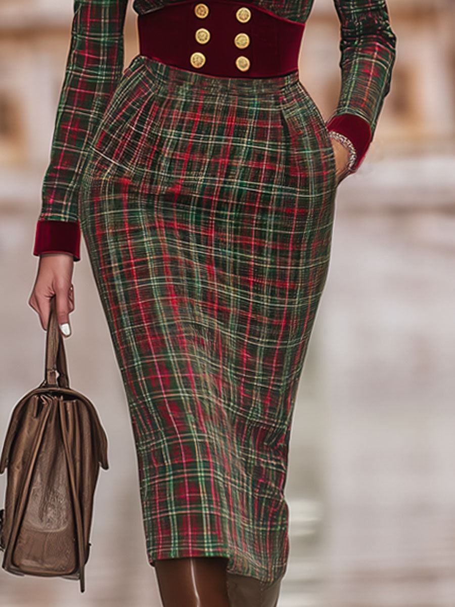 Retro Classic Plaid Print Waist Velvet Midi Dress