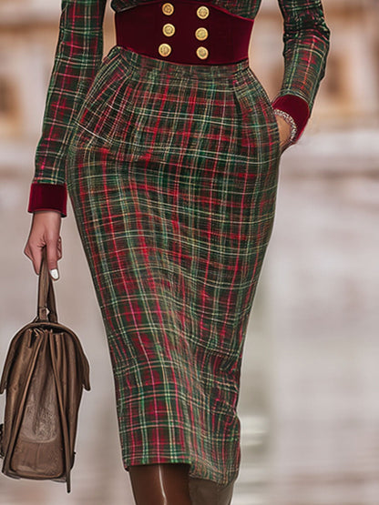 Retro Classic Plaid Print Waist Velvet Midi Dress
