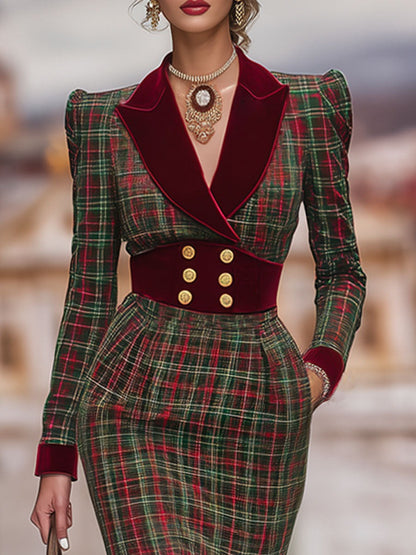 Retro Classic Plaid Print Waist Velvet Midi Dress