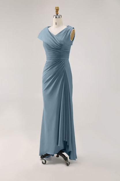 Blue Ruched V Neck Maxi Dress