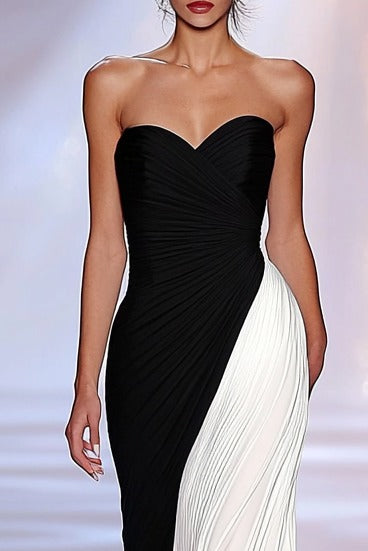Formal Evening Black White Strapless Ruched Maxi Dress