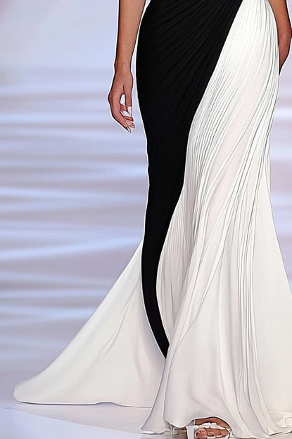 Formal Evening Black White Strapless Ruched Maxi Dress