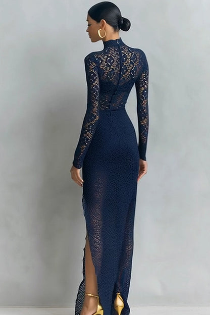 Formal Evening Dress Sheath Navy High Neck Maxi Dress With Slit