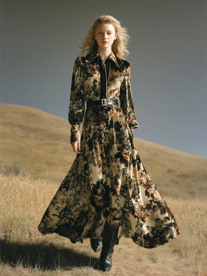 Vintage Western Floral Velvet Maxi Dress