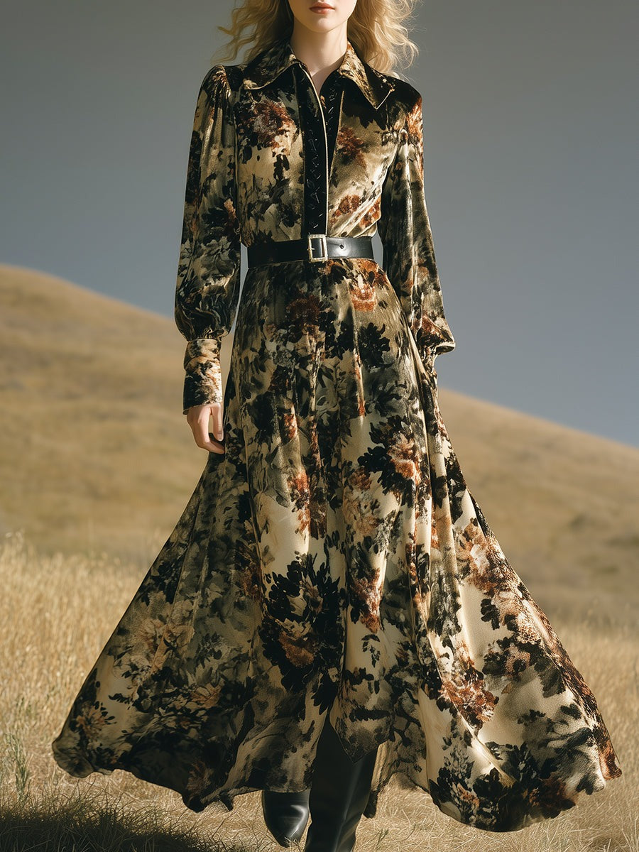 Vintage Western Floral Velvet Maxi Dress