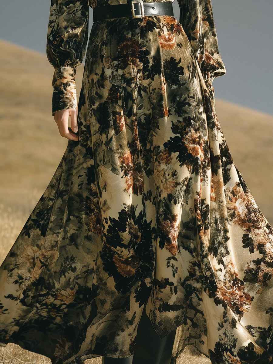 Vintage Western Floral Velvet Maxi Dress