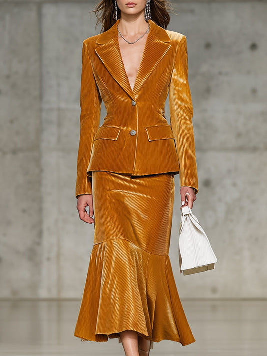 Stylish Corduroy Gold Jacket And Skirt Set