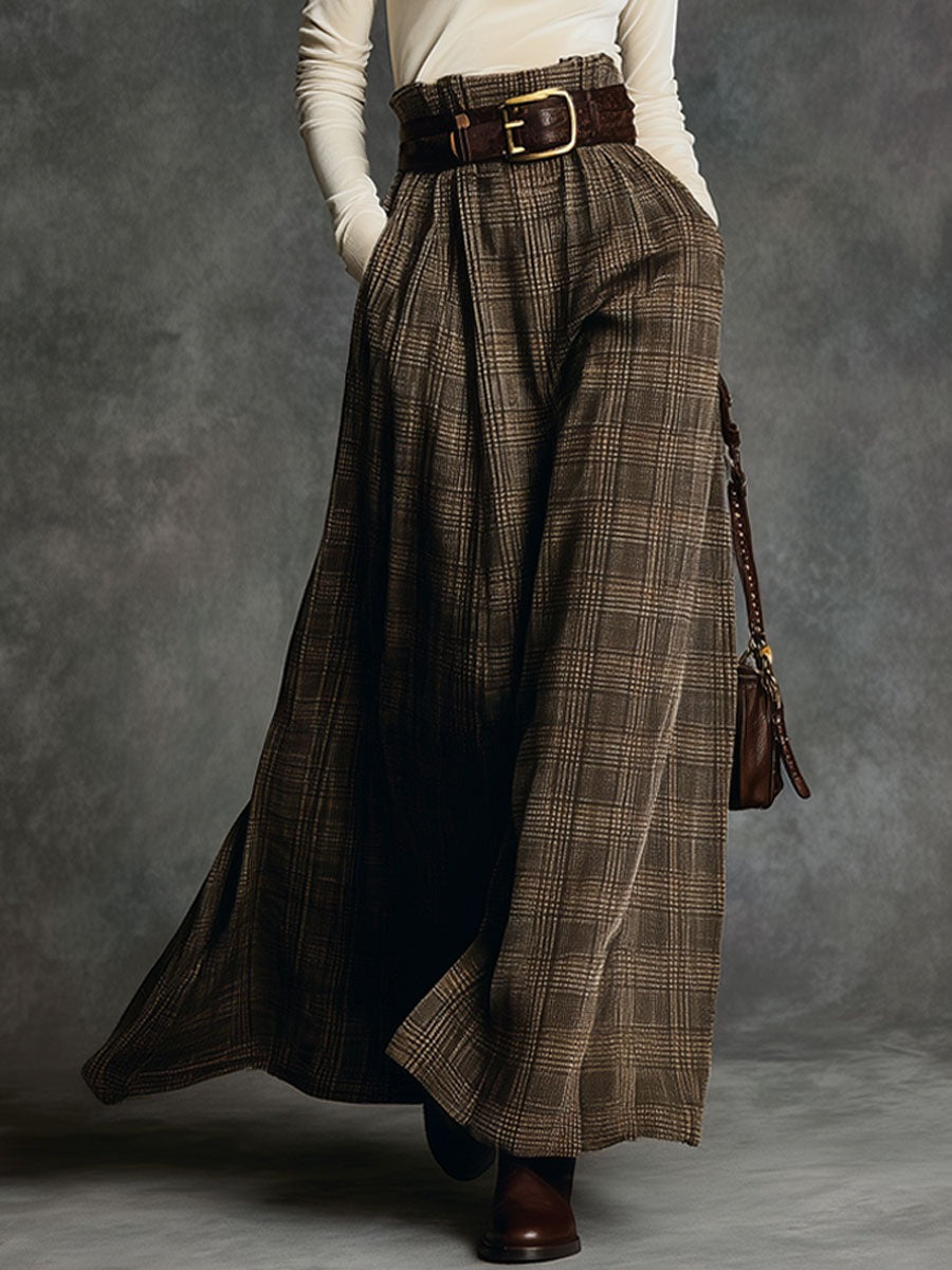 Vintage Turtleneck Velvet Top And Plaid Skirt Set