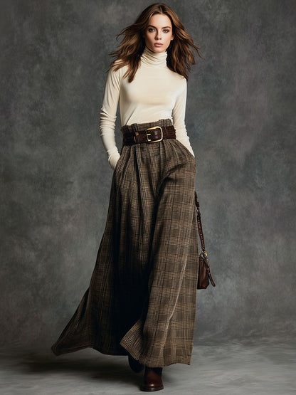 Vintage Turtleneck Velvet Top And Plaid Skirt Set
