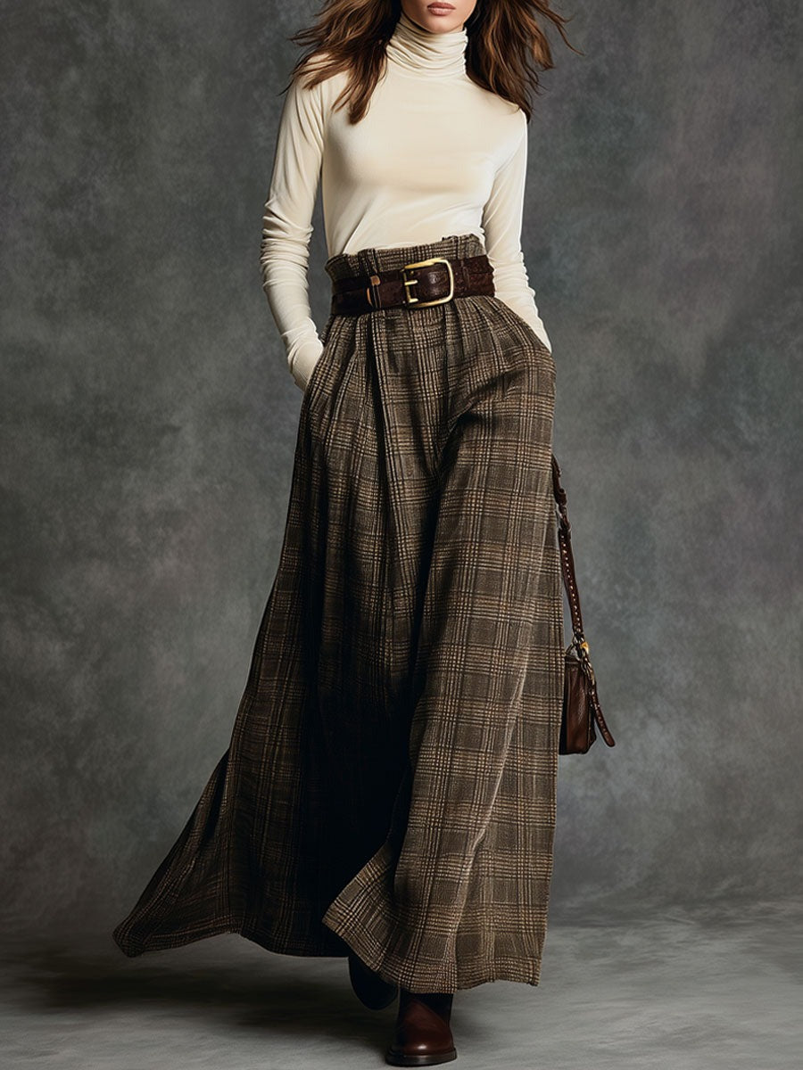 Vintage Turtleneck Velvet Top And Plaid Skirt Set